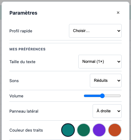 Paramètres avec sélecteur de profil rapide