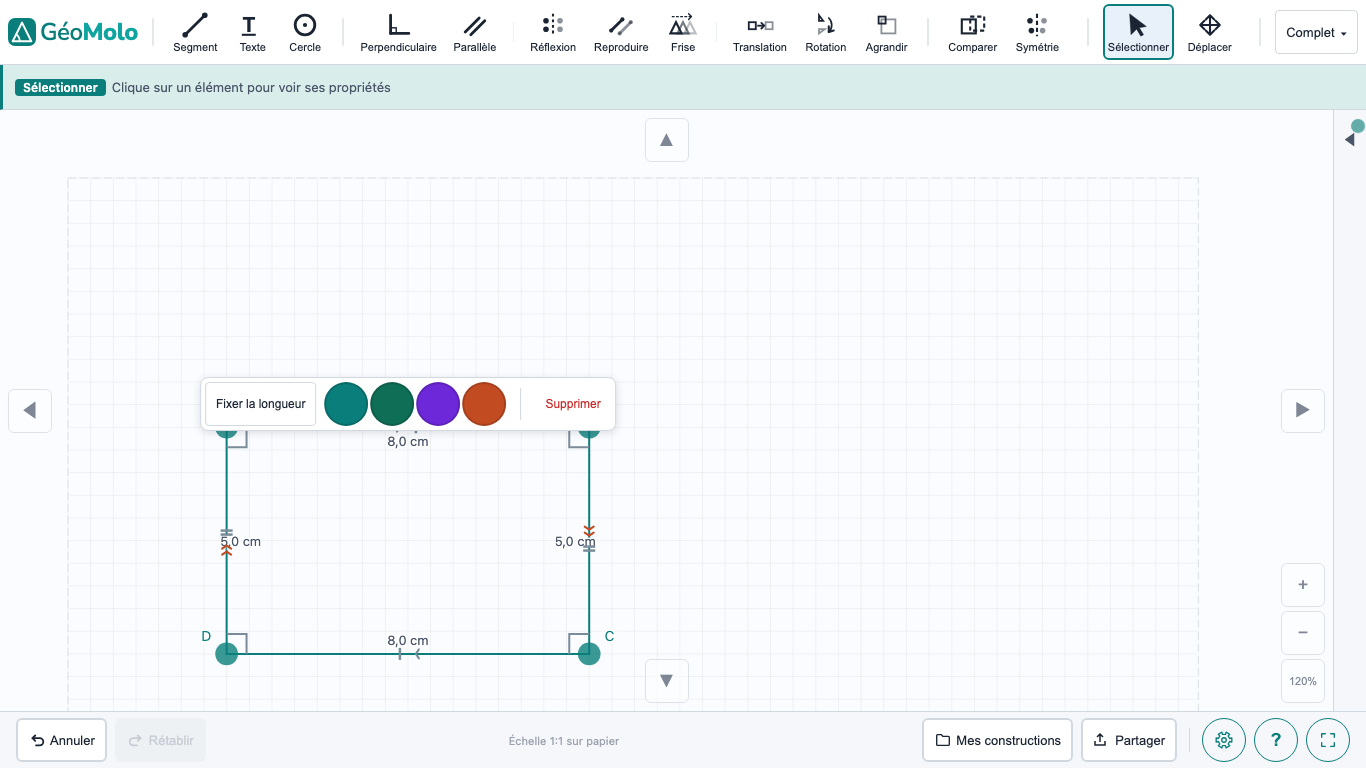 Rectangle avec propriétés visibles et barre contextuelle